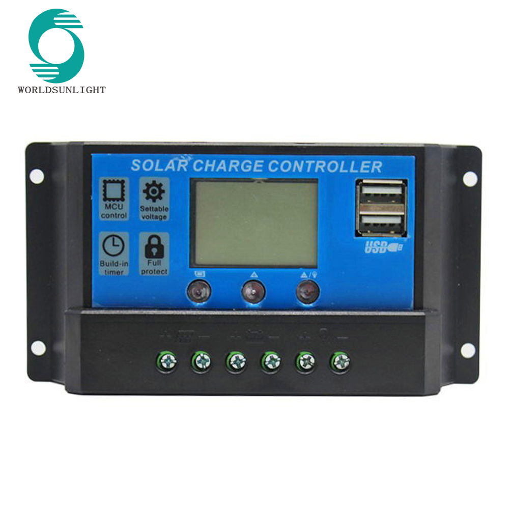WSSCC-2 10A 20A 30A 12V 24V Dual USB 5V 3A Output Solar Panel Regulator LCD for Lead Acid Batteries PWM Solar Charger Controller