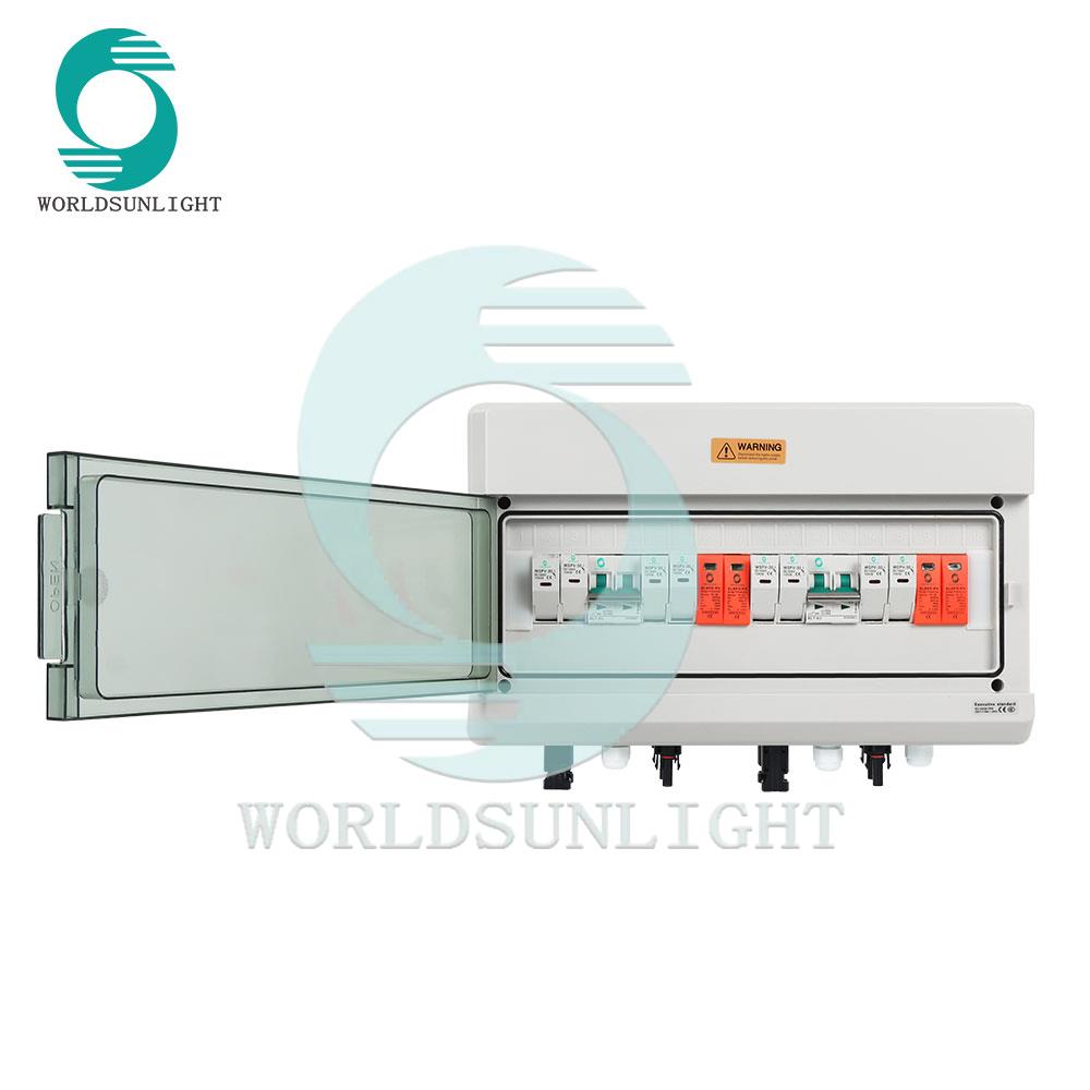 CE WSDB-PV4/2 4 input 2 output 500V 15A string solar dc combiner box (WSPN-18 8pcs 15A 1000v dc fuse+2pcs 4P 1000V 32A 4P dc isolator+2pcs 3P 1000V DC SPD+MC4+cable gland+wiring)