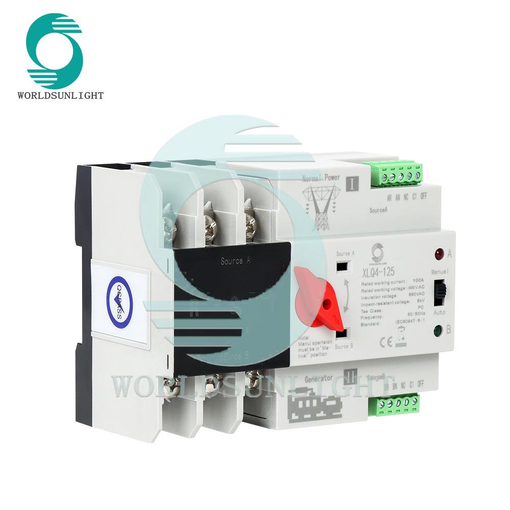 CE Worldsunlight XLQ4-125 100A 3P 400V grid- generator Din Rail ATS Dual Power Automatic Transfer Switch