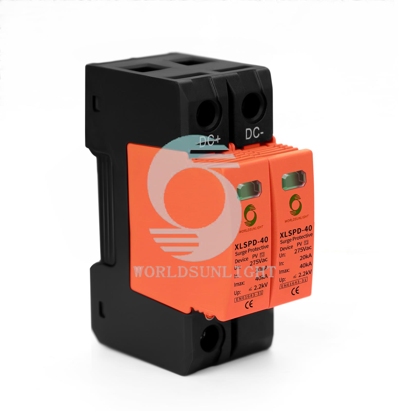 CE Worldsunlight XLSPD-40 20-40AK 275VAC 2Poles T2 AC DPS Orange Black single phase lightning surge protection surge protective device surge protector SPD
