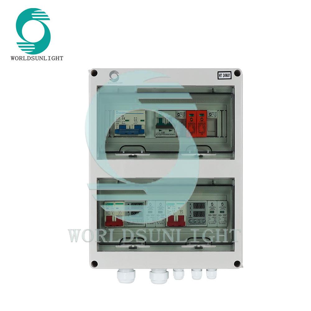 DC+2AC combiner box HT-24+1PCS XNC 2P 125A 550V DC MCB+1PCS XL7-63 2P 16A 500V DC MCB+2PCS WSPV-32 16A 1000VDC FUSE+1PCS XLSPD-PV 2P 500V DC SPD+1PCS XL8-63 2P 32A 230V AC MCB+1PCS XL8-63 2P 16A 230V AC MCB+2PCS AVP-63 2P 63A 230V+2PCS XLSPD-40 20-40KA 2P 385V AC SPD+WIRING+cable gland