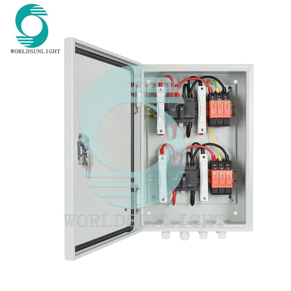 IP65 waterproof 2in2out 2strings 1500V dc solar pv string combiner box 430*300*160mm metal box 1.2mm thickness metal box+4pcs 1500v 25a dc fuse+2pcs 3p 1500v dc spd+2pcs wsiso-25 25A 4P 1500V DC isolator switch+wiring+6pcs pg11+2pcs pg13.5