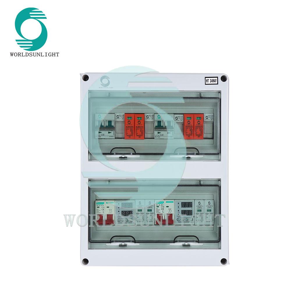 2DC+2AC combiner box HT-24+2PCS XL7-63 2P 16A 500V DC MCB+4PCS WSPV-32 16A 1000VDC FUSE+2PCS XLSPD-PV 2P 500V DC SPD+1PCS XL8-63 2P 32A 230V AC MCB+1PCS XL8-63 2P 16A 230V AC MCB+2PCS AVP-63 2P 63A 230V+2PCS XLSPD-40 20-40KA 2P 385V AC SPD+WIRING+cable gland
