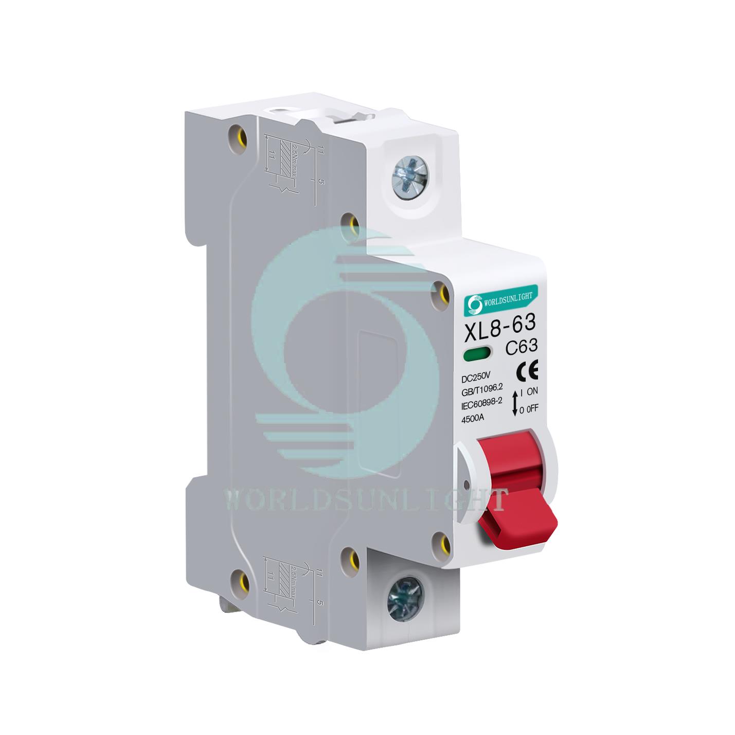 CE XL8-63 1P DC 250V 10A 16A 20A 25A 32A 40A 50A 63A Solar Energy PV MCB circuit breaker