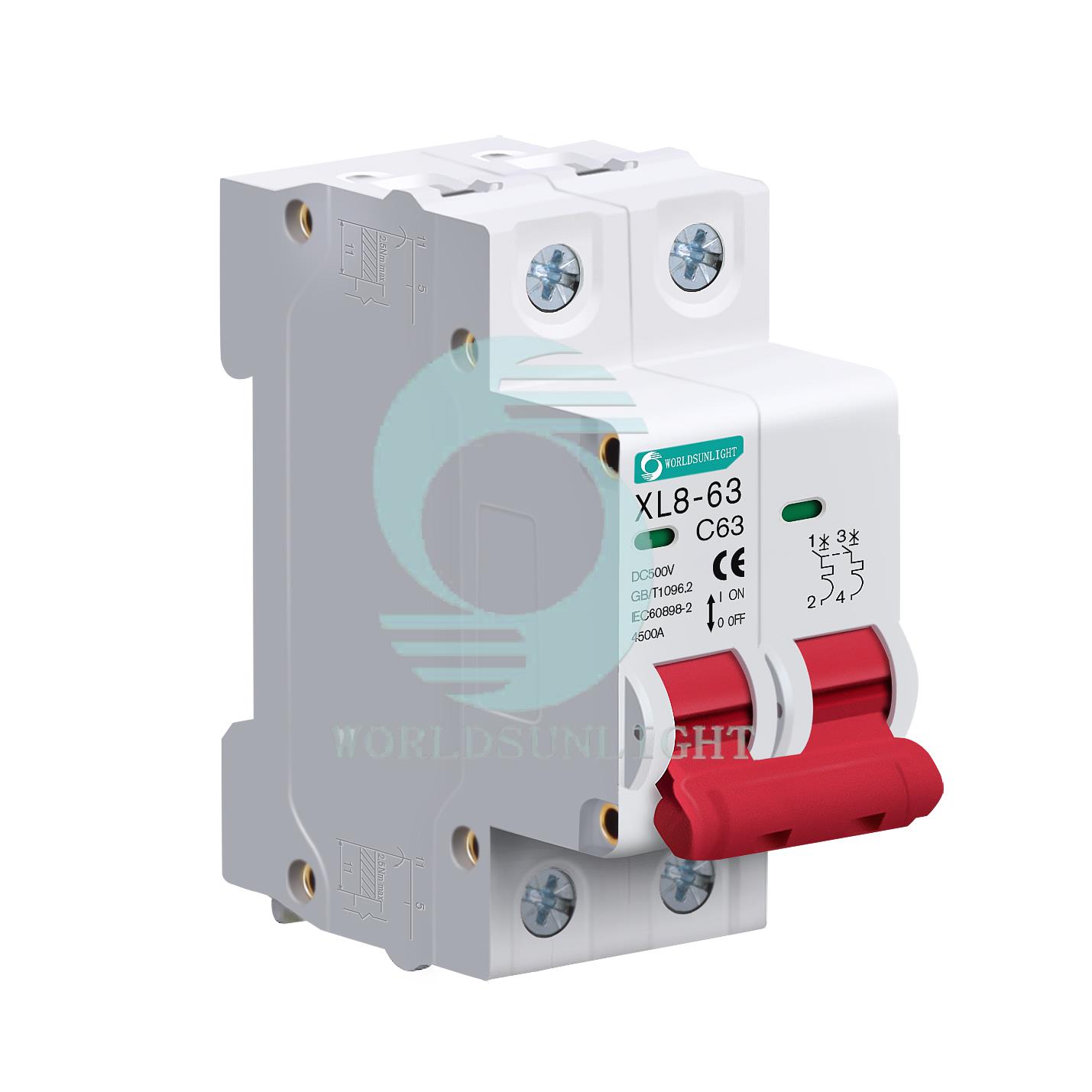 CE XL8-63 2P DC 500V 10A 16A 20A 25A 32A 40A 50A 63A Solar Energy PV MCB circuit breaker